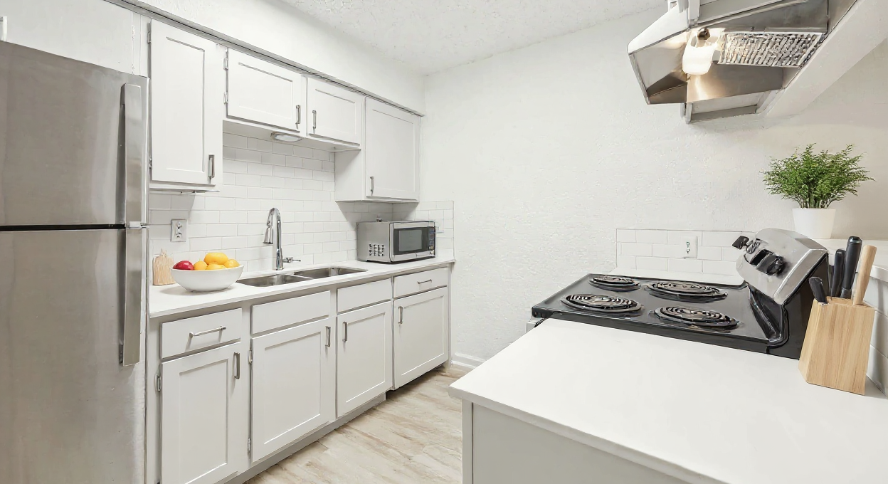 a kitchen with stainless steel appliances and white cabinets at The Falltree Apartments