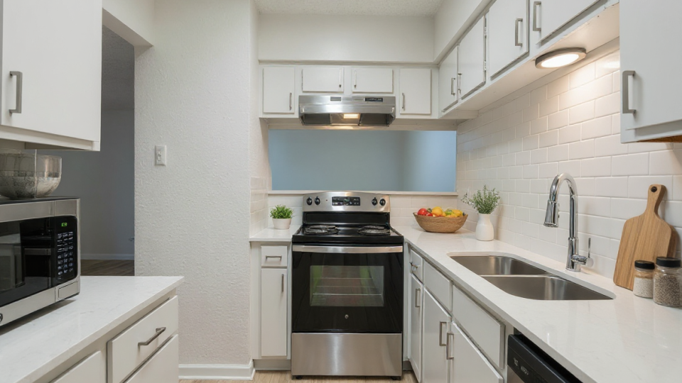 a kitchen with stainless steel appliances and white cabinets at The Falltree Apartments